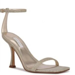 NWT Nine West Women's Yess Square Toe Tapered Heel Dress Sandals Sz 10 Gold